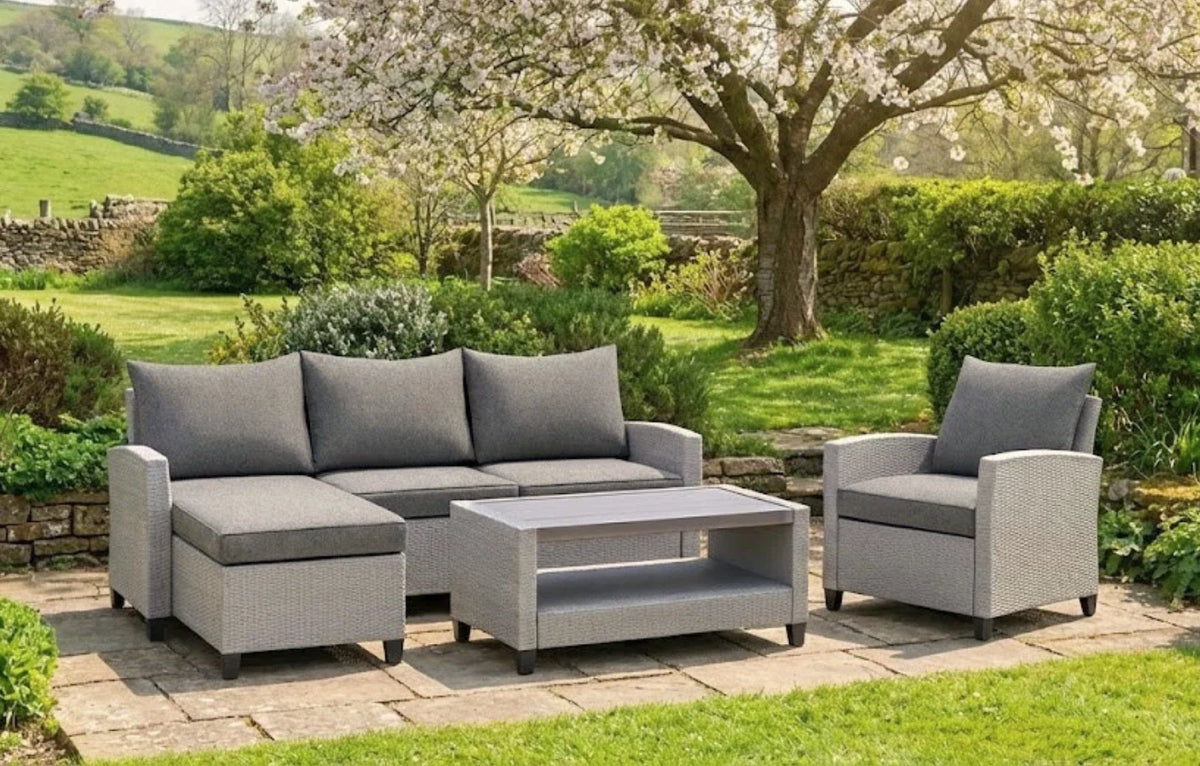 Stockholm 4-Seater Grey Rattan Garden Chaise Lounge & Armchair Set